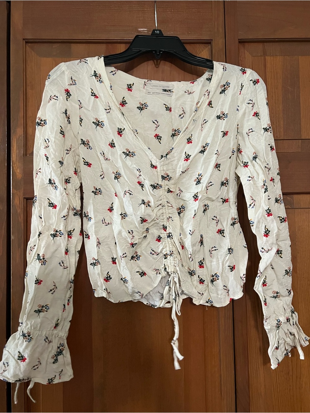 Urban Outfitters Cream Floral Drawstring V-Neck Blouse